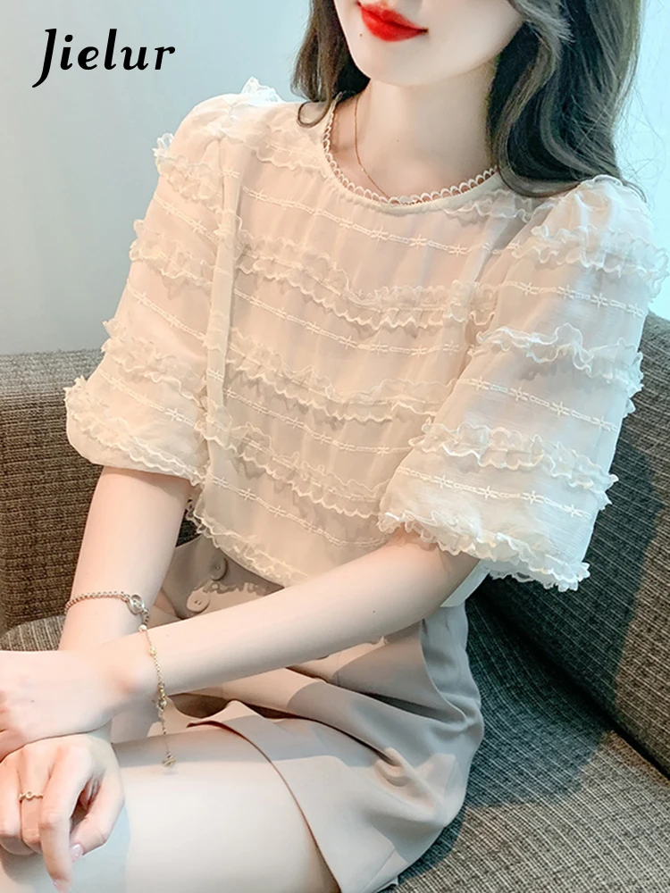 Jielur Summer New Korean Chicly Solid Color Women Blouse Sweet Ladies Elegant Blouse Woman Apricot O-Neck Chiffon Top Female 
Jielur Summer New Korean Chicly Solid Color Women Blouse Sweet Ladies Elegant Blouse Woman Apricot O-Neck Chiffon Top Female
