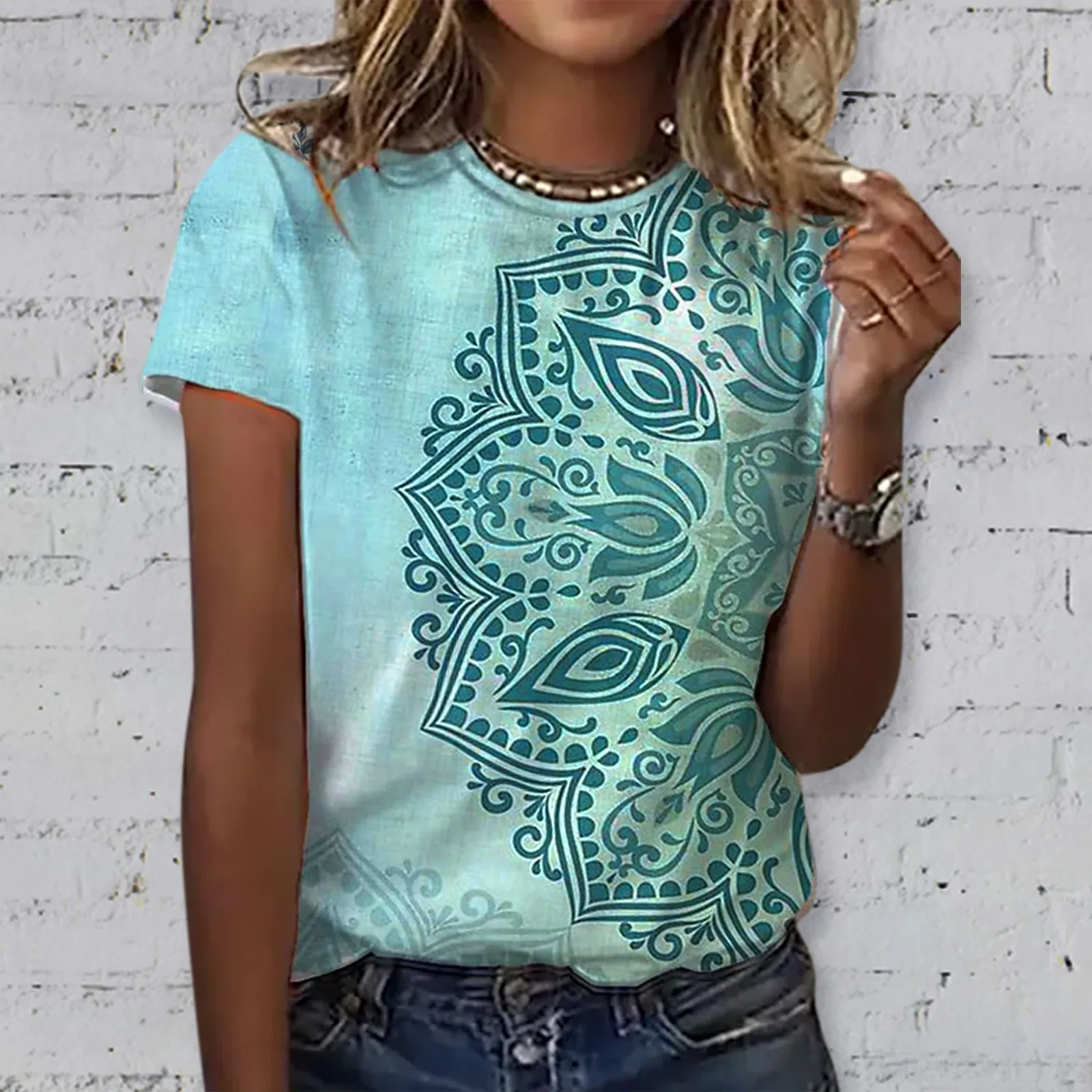 Summer Women's T-shirts Short Sleeve Crew Neck Mandala Printed Top T Shirts Female Casual Tee Shirt Wild Daily Wear Ropa Mujer
Summer Women's T-shirts Short Sleeve Crew Neck Mandala Printed Top T Shirts Female Casual Tee Shirt Wild Daily Wear Ropa Mujer