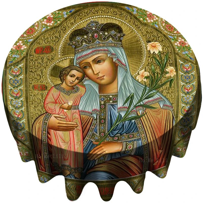 

Mother Of God Russian Virgin Mary Icon Our Lady Of The Immortal Flower Round Tablecloth By Ho Me Lili Tabletop Decor
