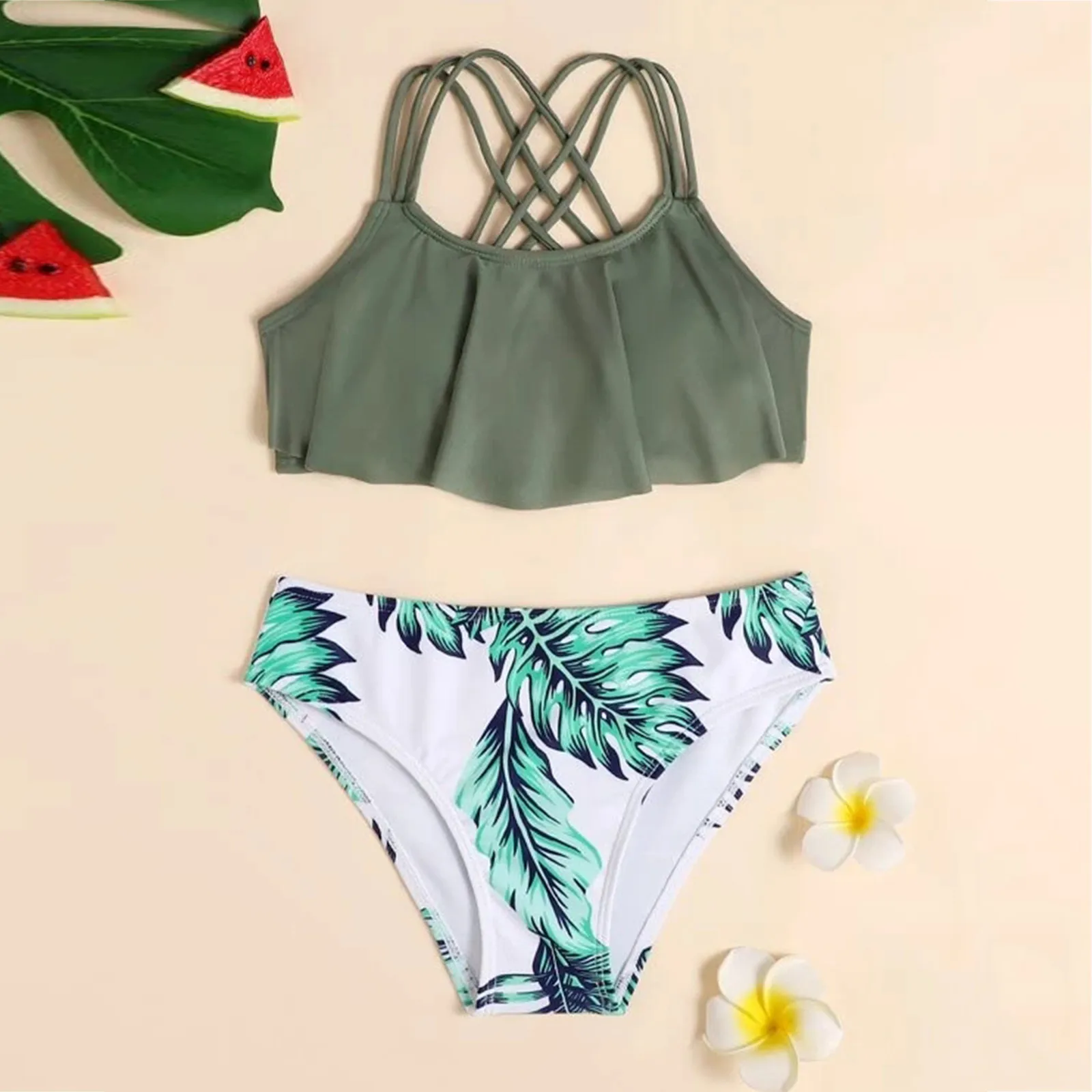 Girls Summer Cute Crisscross Bikinis The Leaves Floral Print Two Piece Swimsuit Overlay High Waist Sleeveless Bathing Suit
Girls Summer Cute Crisscross Bikinis The Leaves Floral Print Two Piece Swimsuit Overlay High Waist Sleeveless Bathing Suit