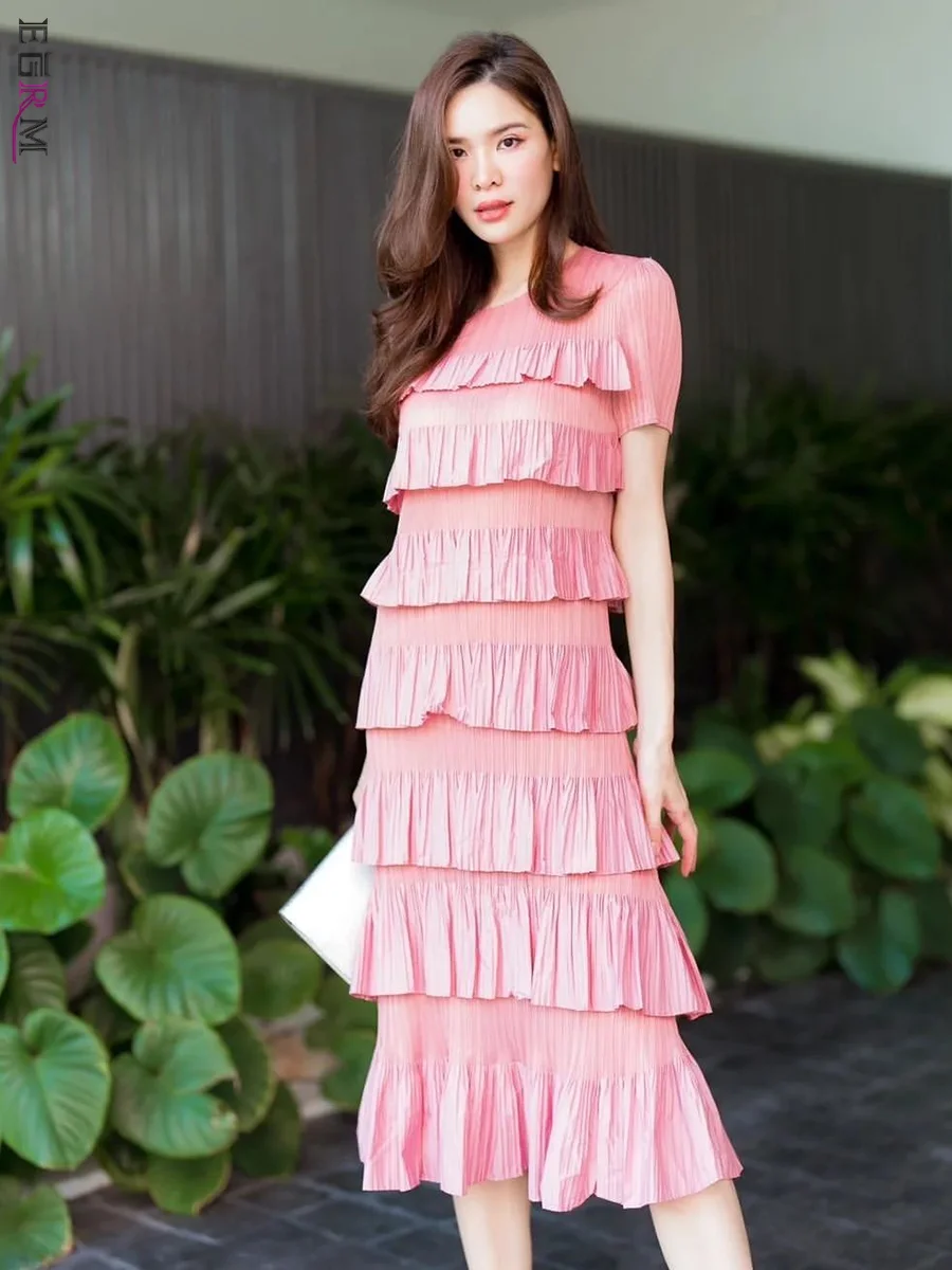 

EGRM French Cake Skirt Layered Stitching Pleated Dress O-Neck Short Sleeve Elegant Women's Clothing 2023 Summer New 6RM27196