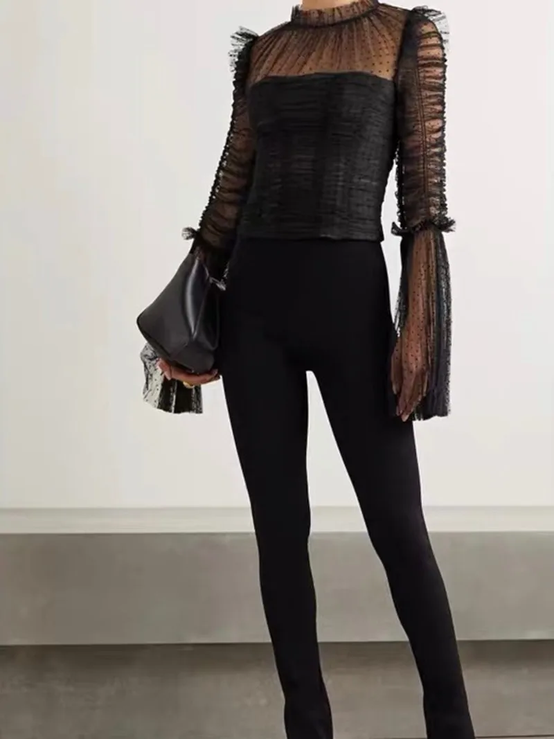 2022 Runway Designer Mesh Tops Blouse Autumn Women High Quality Sexy See Through Velvet Black Dots Long Flare Sleeve
2022 Runway Designer Mesh Tops Blouse Autumn Women High Quality Sexy See Through Velvet Black Dots Long Flare Sleeve