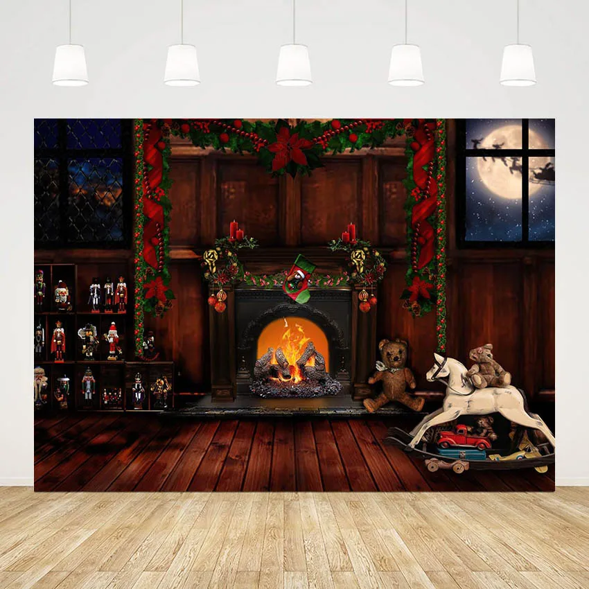 

Рождественская фотография фон Рождественский камин лошадь игрушка медведь украшения семейвечерние с новым годом фоны для фотобудки