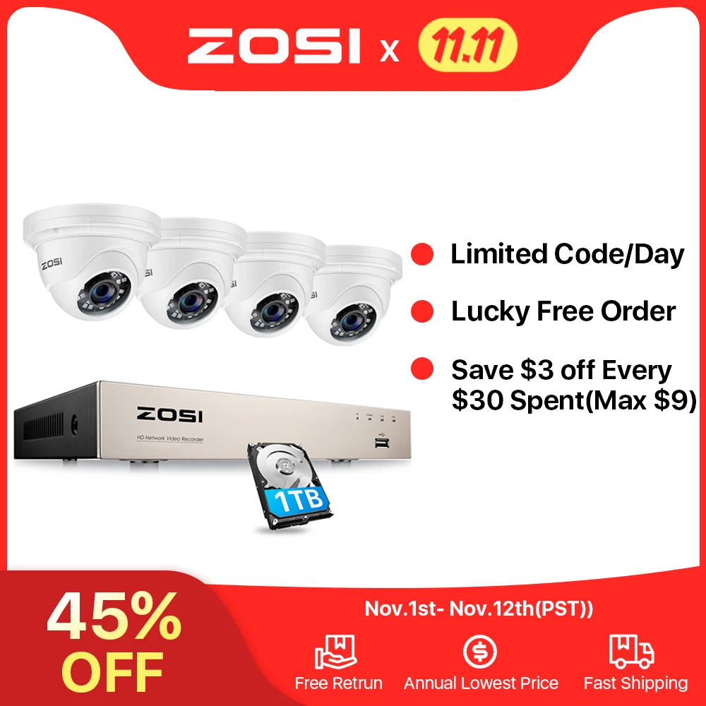 

Комплект видеонаблюдения ZOSI, H.265 + 8 каналов, 5 МП, POE, NVR, водонепроницаемая купольная IP-камера для помещений и улицы, 5 Мп