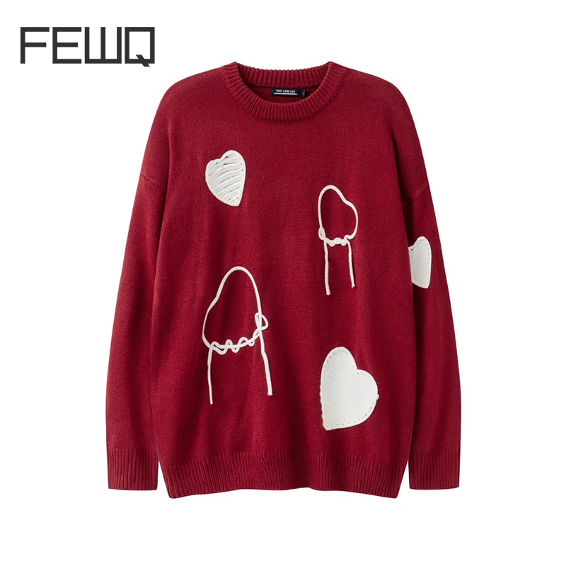 

FEWQ Men Niche Design Tide Autumn Winter New Product Love Embroidery Style Casual Loose Versatile Round Neck Knits Shirt 24X1117