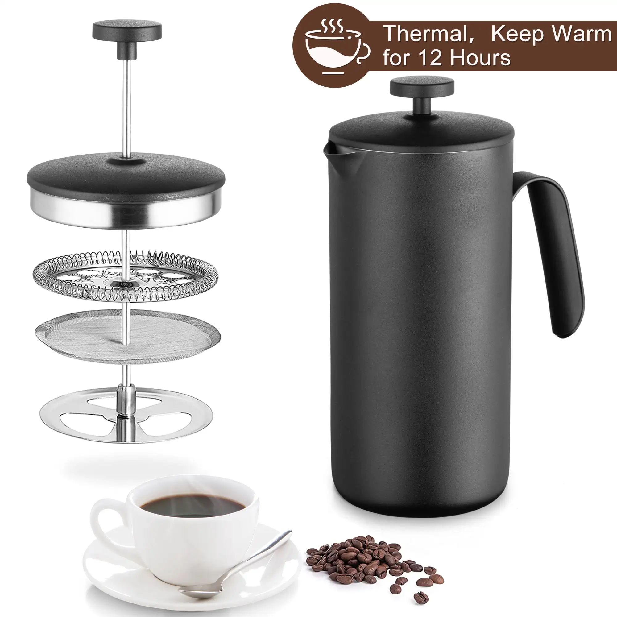Thermal French Press Coffee Maker Keep Warm 12 Hours- Heat Resistant Glass with 3 Level Filtration System, Stainless Steel Housi
Thermal French Press Coffee Maker Keep Warm 12 Hours- Heat Resistant Glass with 3 Level Filtration System, Stainless Steel Housi