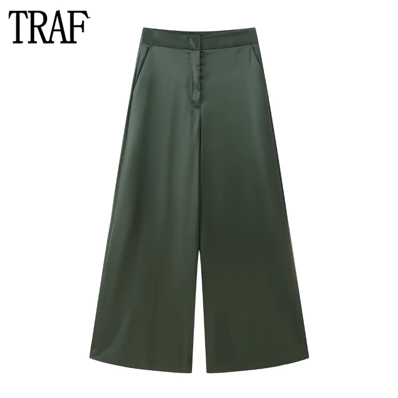 

Брюки TRAF женские с широкими штанинами, зеленые мешковатые штаны с завышенной талией, атласные штаны, Повседневная Уличная одежда, на лето