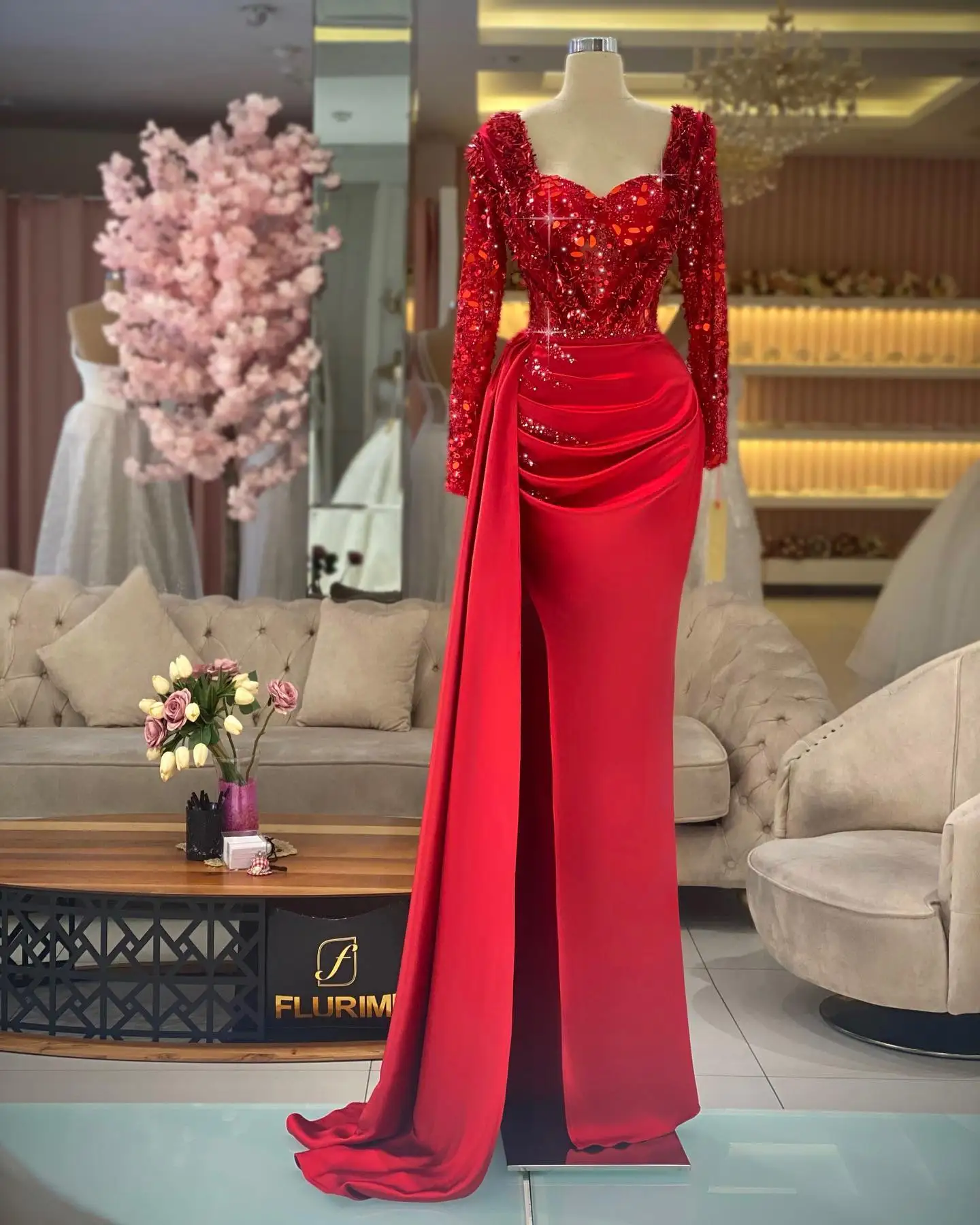 Elegant Red Mermaid Prom Dresses Long Sleeves Side Slit Sparkly Sequined Pleats Floor-Length Evening Gown Custom Vestido De Gala
Elegant Red Mermaid Prom Dresses Long Sleeves Side Slit Sparkly Sequined Pleats Floor-Length Evening Gown Custom Vestido De Gala
