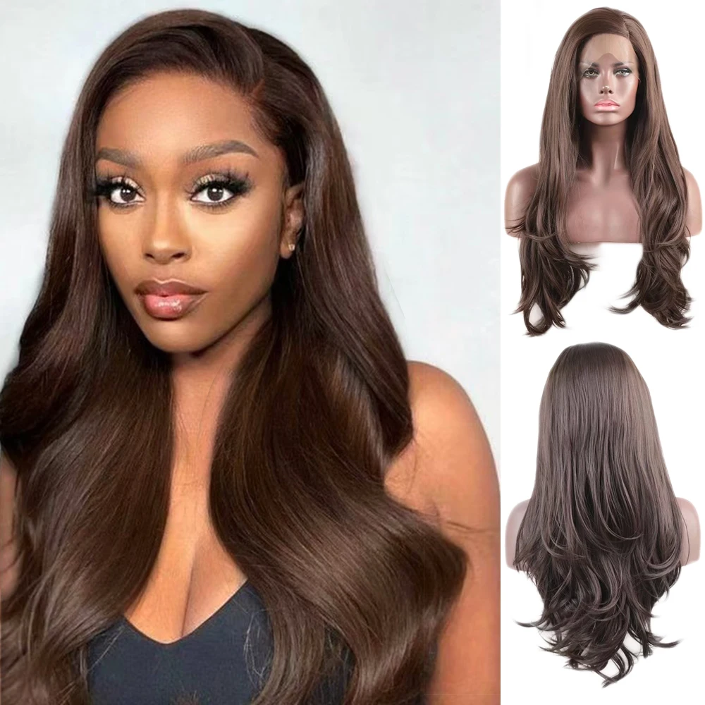 

AIMEYA Dark Brown Nature Wave Synthetic Lace Front Wig Glueless Natural Hairline Heat Rsistant Fiber Hair For Women Daily Wear