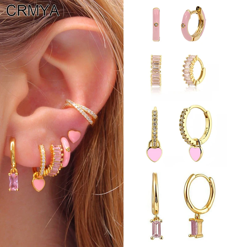 

CRMYA Pink CZ Zircon Drop Hoop Earrings Set For Women Gold Plated Dripping Oil Heart Dangle Earrings 2022 Jewelry Wholesale