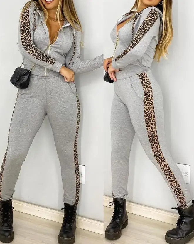 Casual Two Piece Set Women Clothing 2023 Leopard Print Colorblock Long Sleeve Hooded Top & Pocket Design Drawstring Pants Sets 
Casual Two Piece Set Women Clothing 2023 Leopard Print Colorblock Long Sleeve Hooded Top & Pocket Design Drawstring Pants Sets