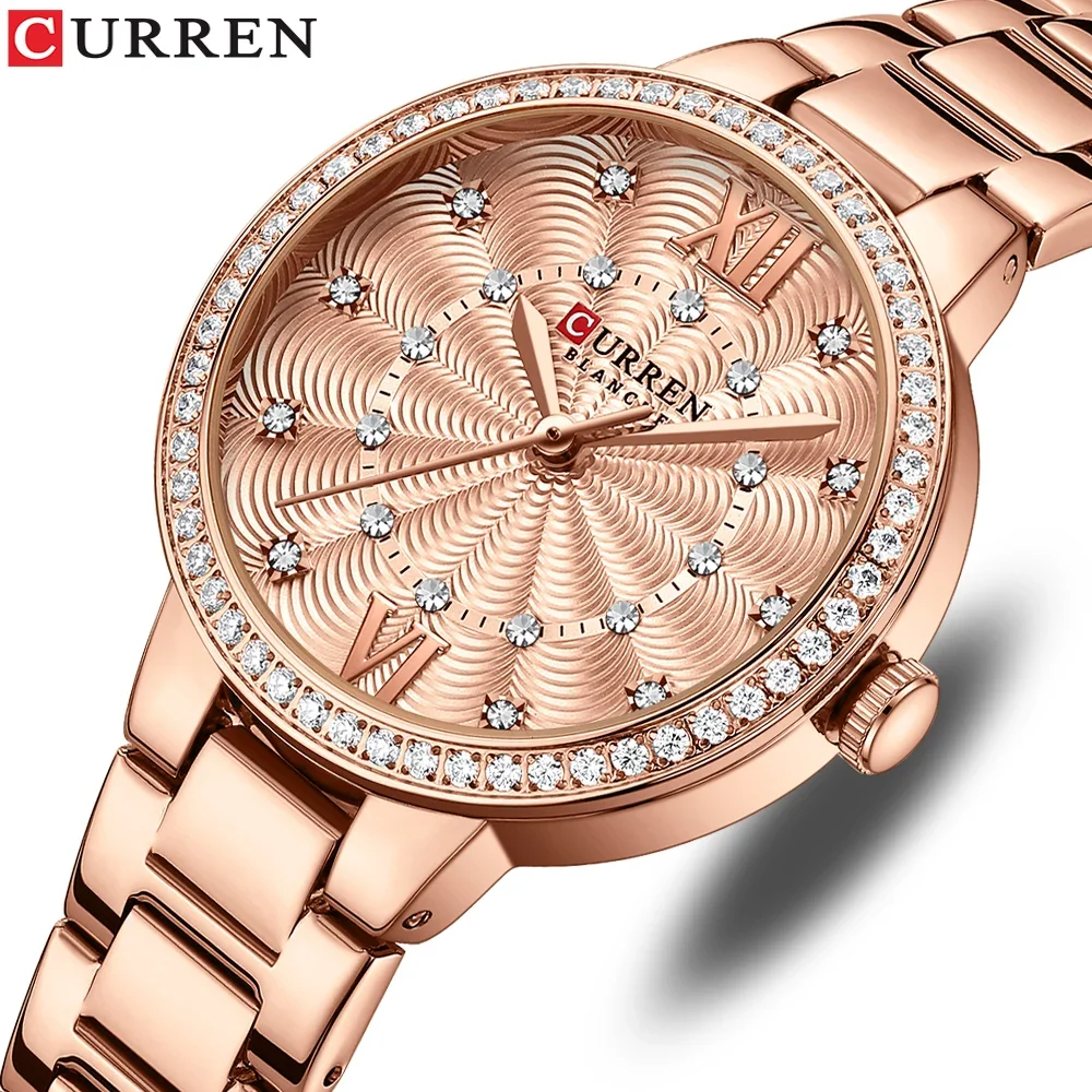 

CURREN Quartz Wristwatches for Wommen Luxury Rhinestones Rose Dial Fashion Watches with Stainless Steel Band New