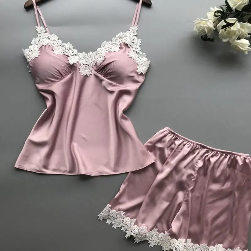 Newest Arrival Fashion Women Sleepwear Sexy Satin Pajama Set Female Lace V-Neck Pyjamas Sleeveless Lace Cami Top and Shorts Sets
Newest Arrival Fashion Women Sleepwear Sexy Satin Pajama Set Female Lace V-Neck Pyjamas Sleeveless Lace Cami Top and Shorts Sets