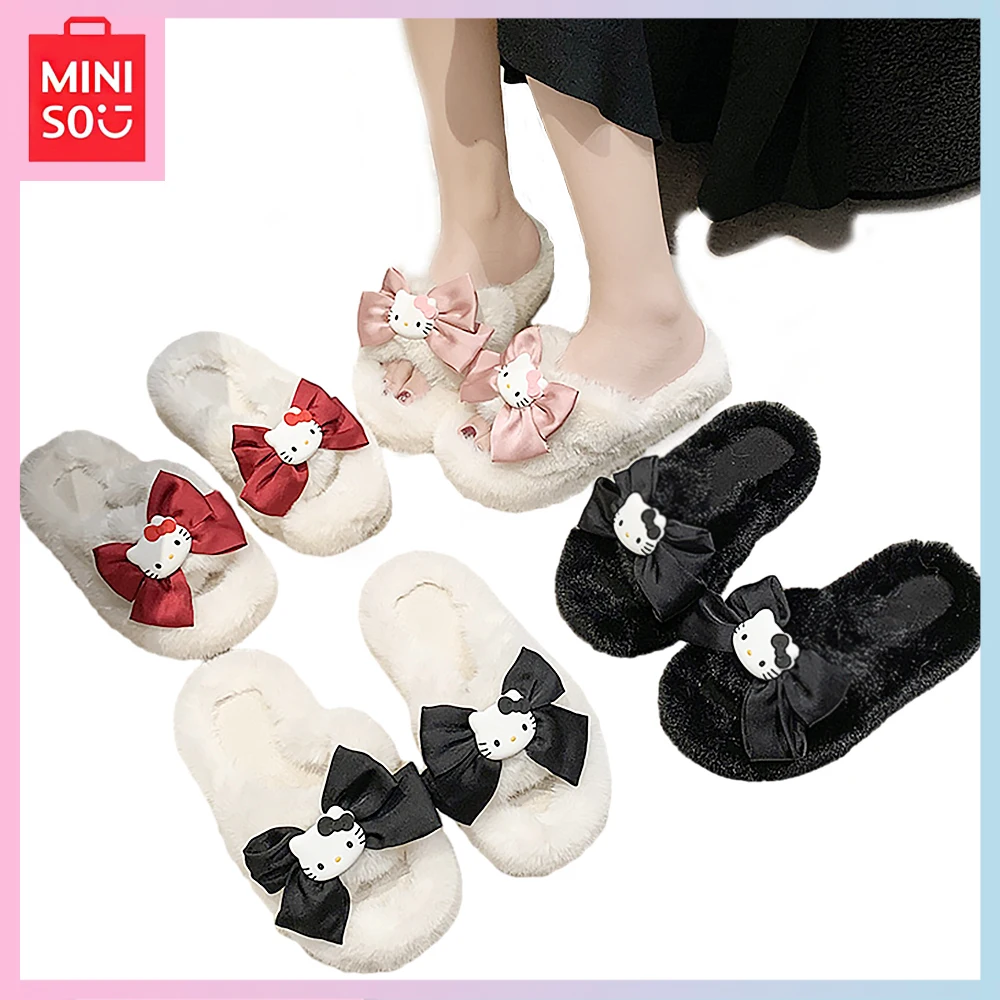 

Miniso Helllo Kitty Kawaii Плюшевые Мультяшные банты толстые Нескользящие домашние пушистые хлопковые тапочки для девочек подарок на день рождения