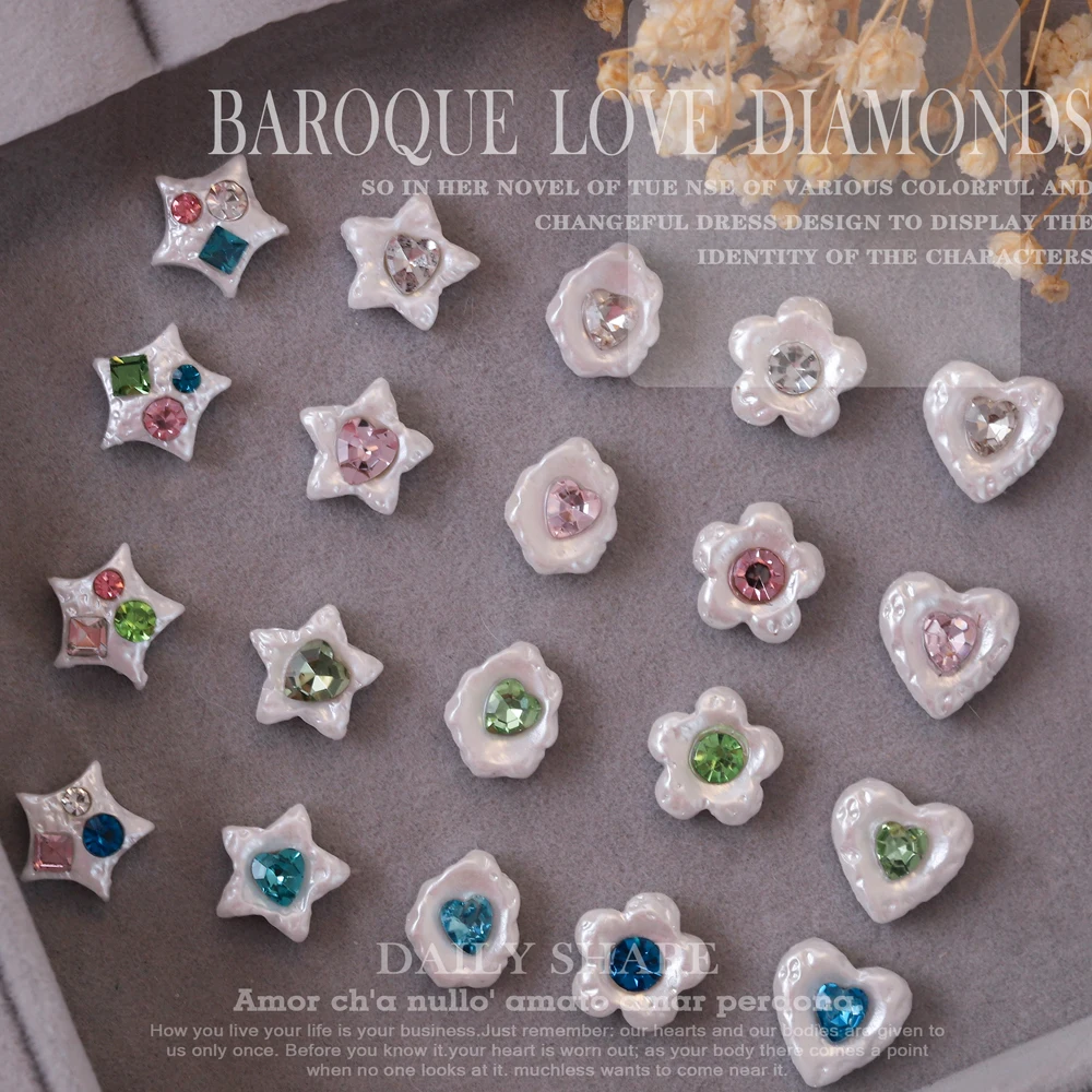 

20Pcs Retro Baroque Love Nail Art Charms 3D Glitter White Pearl Inlaid Gem Pentagram Nail Rhinestone Luxury DIY Nail Accessories