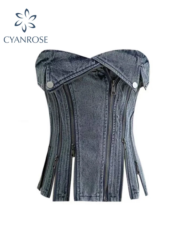 Women Denim Tank Tops Fashion Zippers Strapless Crop Top T-shirts Streetwear Off Shoulder Sexy Y2k Female Summer Blue Vest 2023
Women Denim Tank Tops Fashion Zippers Strapless Crop Top T-shirts Streetwear Off Shoulder Sexy Y2k Female Summer Blue Vest 2023