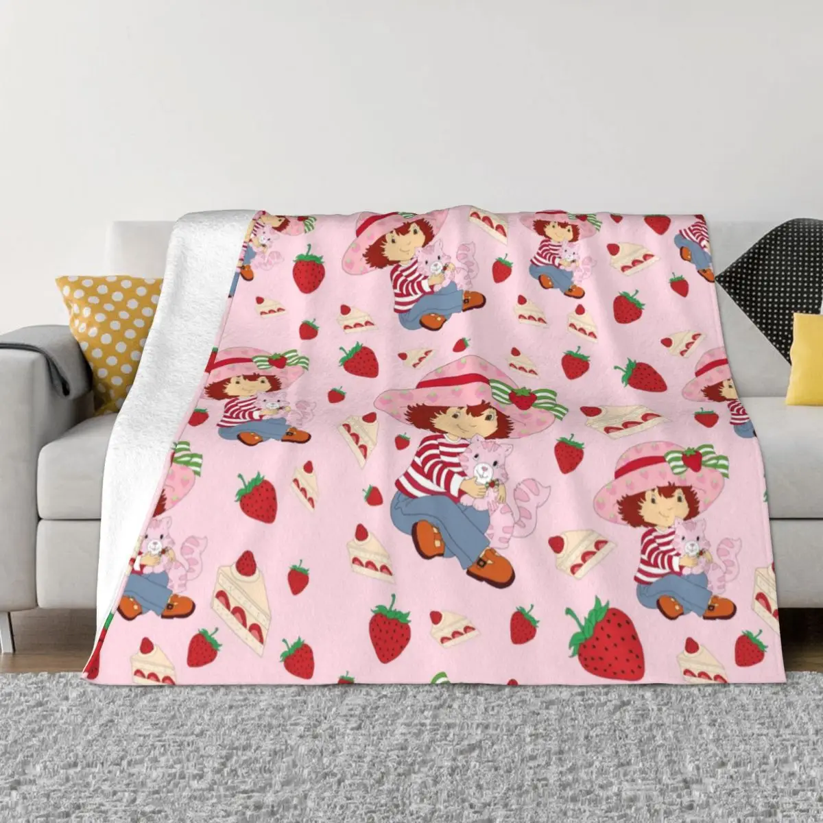 

Kawaii Strawberry Shortcake Blanket Coral Fleece Plush Summer Autumn Winter Pink Cat Throw Blanket for Bedding Bedroom Rug Piece