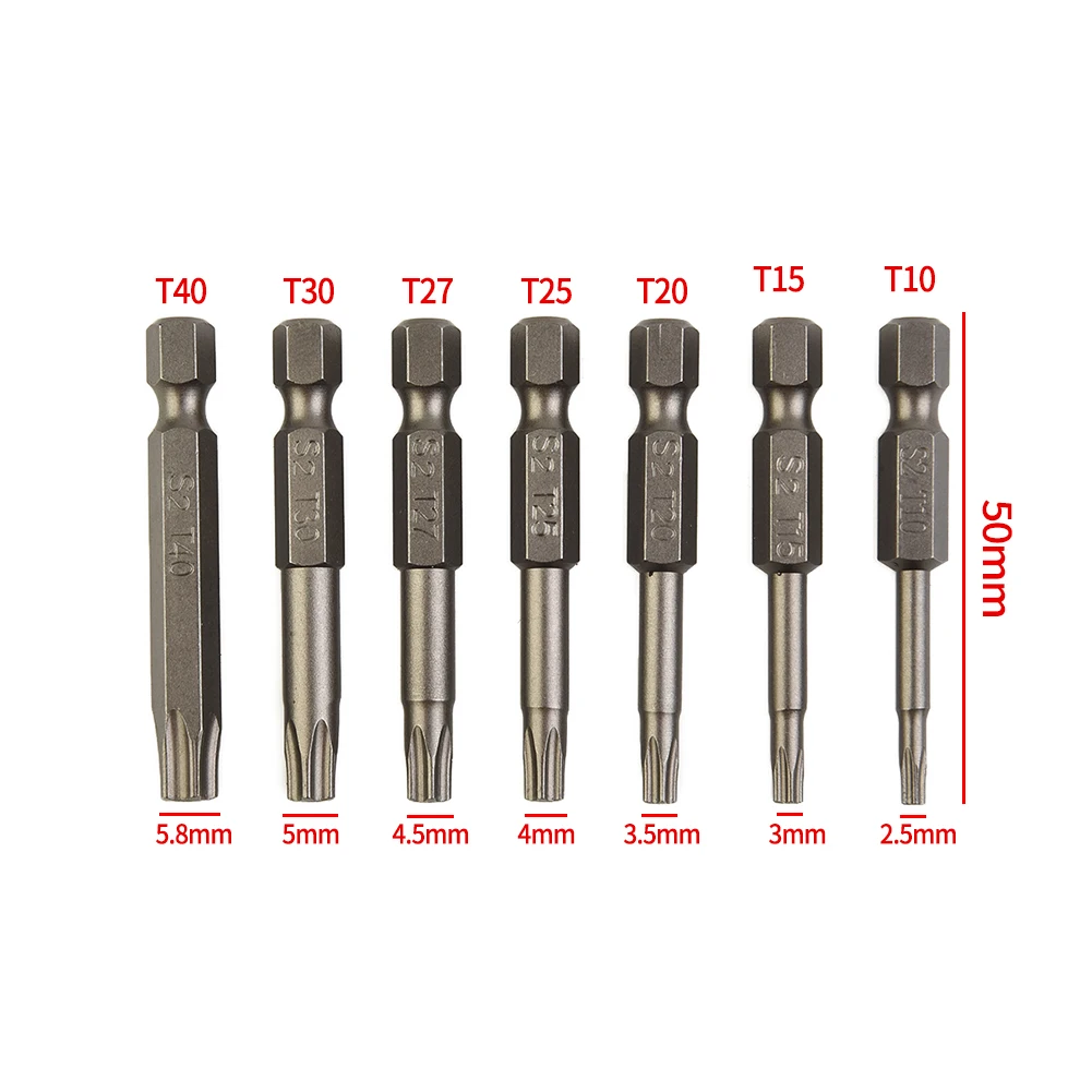 7Pcs 50mm 1/4" Hex Shank Five-Point Magnetic Torx Screwdriver Bits T10-T40 For Electric Screwdriver And Electric Tools Exercises
7Pcs 50mm 1/4" Hex Shank Five-Point Magnetic Torx Screwdriver Bits T10-T40 For Electric Screwdriver And Electric Tools Exercises