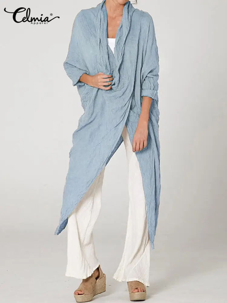 

Celmia Vintage Breathable Blouses 2023 Summer Cowl Neck Thin Blusas Women Casual Loose Long Sleeve Asymmetrical Long Shirts