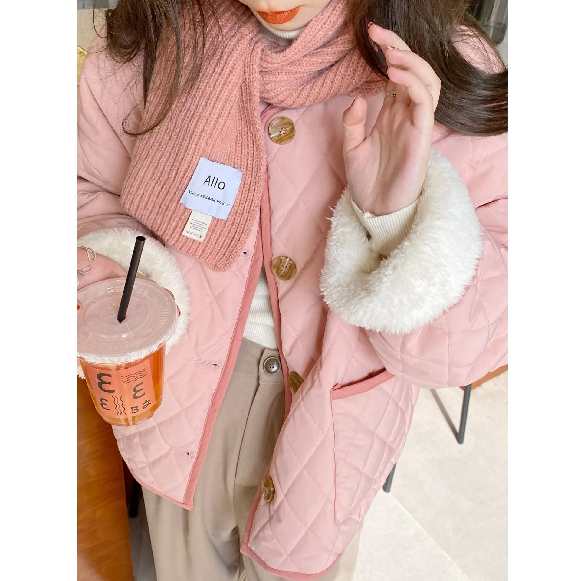 

Autumn and Winter 2022 New Pink Short Collarless Cotton Dress Women's Loose Soft Sheep Lamb Coat