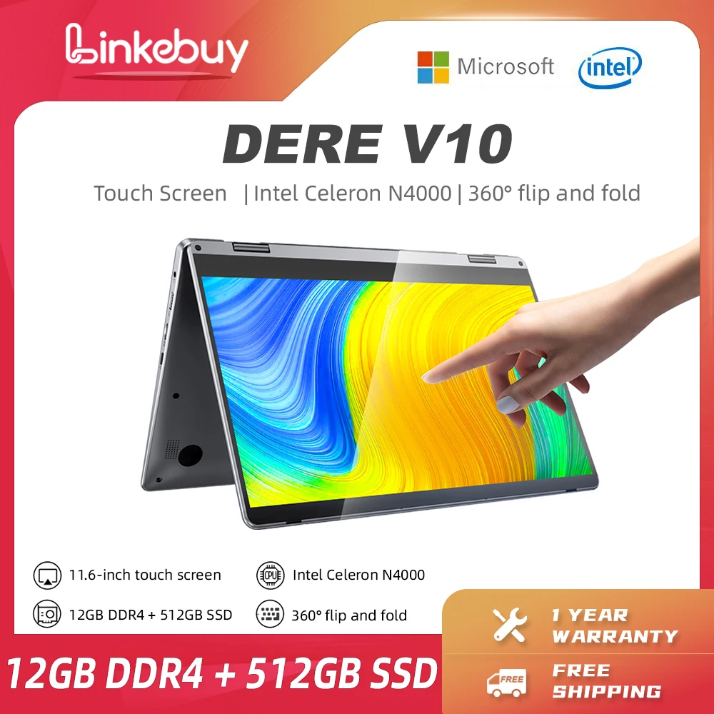 

DERE V10 Laptop 11.6" Touch Screen Laptop 12GB RAM 512GB SSD 360° Flip Fold Intel Celeron N4000 Windows 11 Computer Notebook