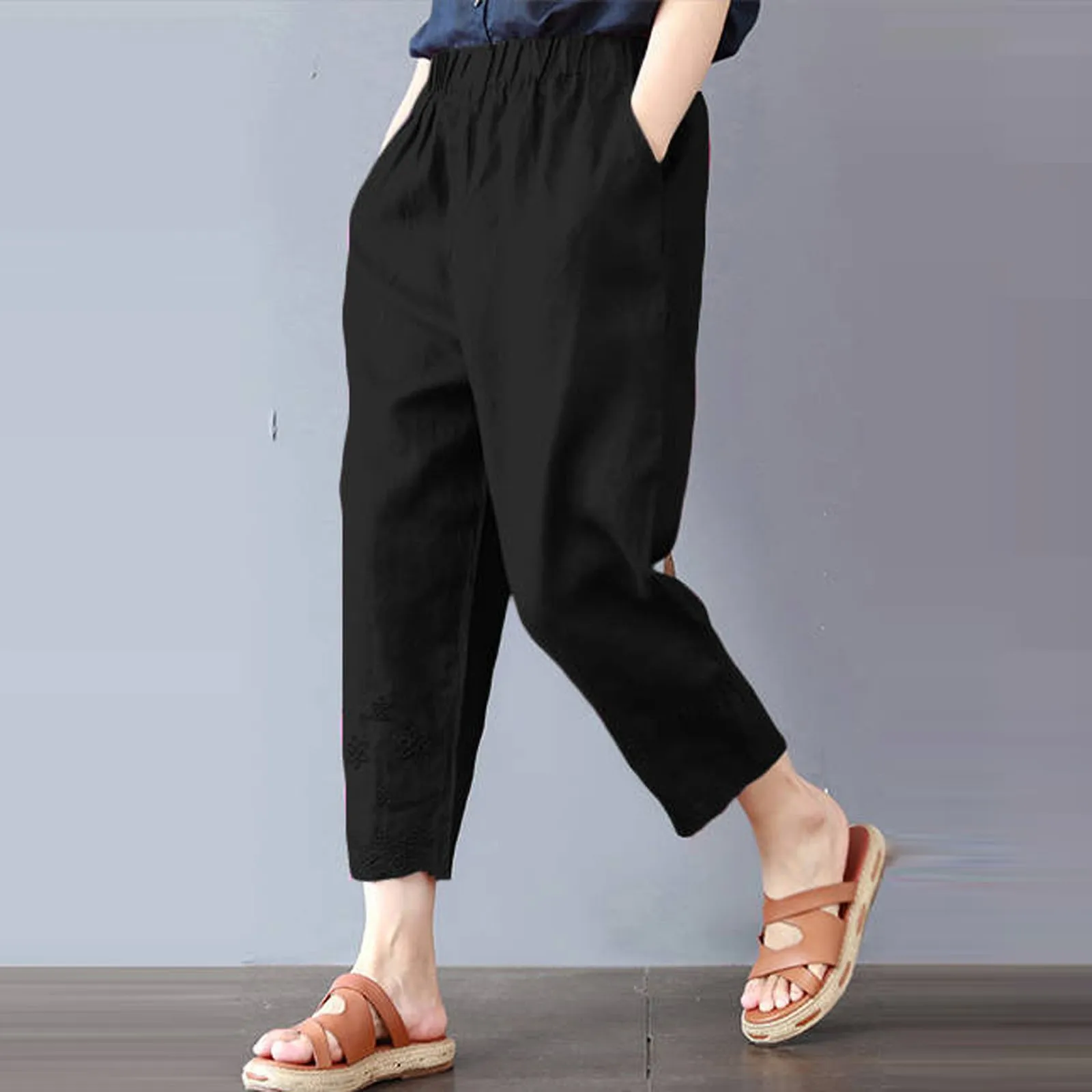 Черные укороченные брюки из искусственного льна, эластичные брюки с карманами, однотонные женские брюки, свободные уличные брюки 2023
Черные укороченные брюки из искусственного льна, эластичные брюки с карманами, однотонные женские брюки, свободные уличные брюки 2023