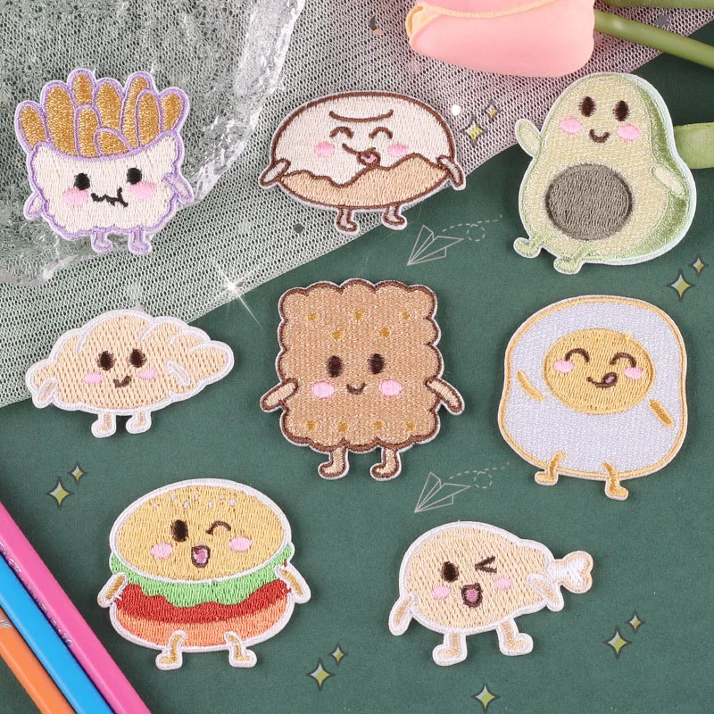

French Fries Burger Self-adhesive Patches For Clothing Kids Applique On Jeans Repair Hole Embroidery Patch DIY Sewing Decoration