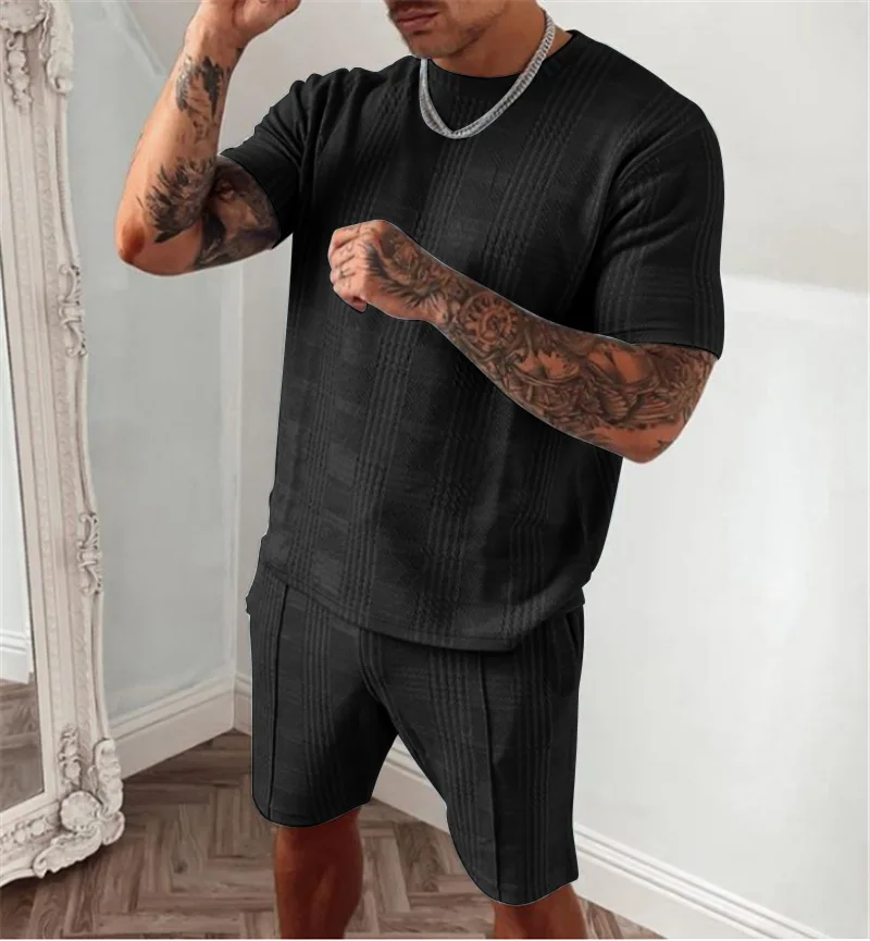 2022 Summer Men's Patchwork Casual 2 Piece Fashion O Neck Short Sleeve T Shirt and Drawstring Sports Running Shorts Black Outfit
2022 Summer Men's Patchwork Casual 2 Piece Fashion O Neck Short Sleeve T Shirt and Drawstring Sports Running Shorts Black Outfit