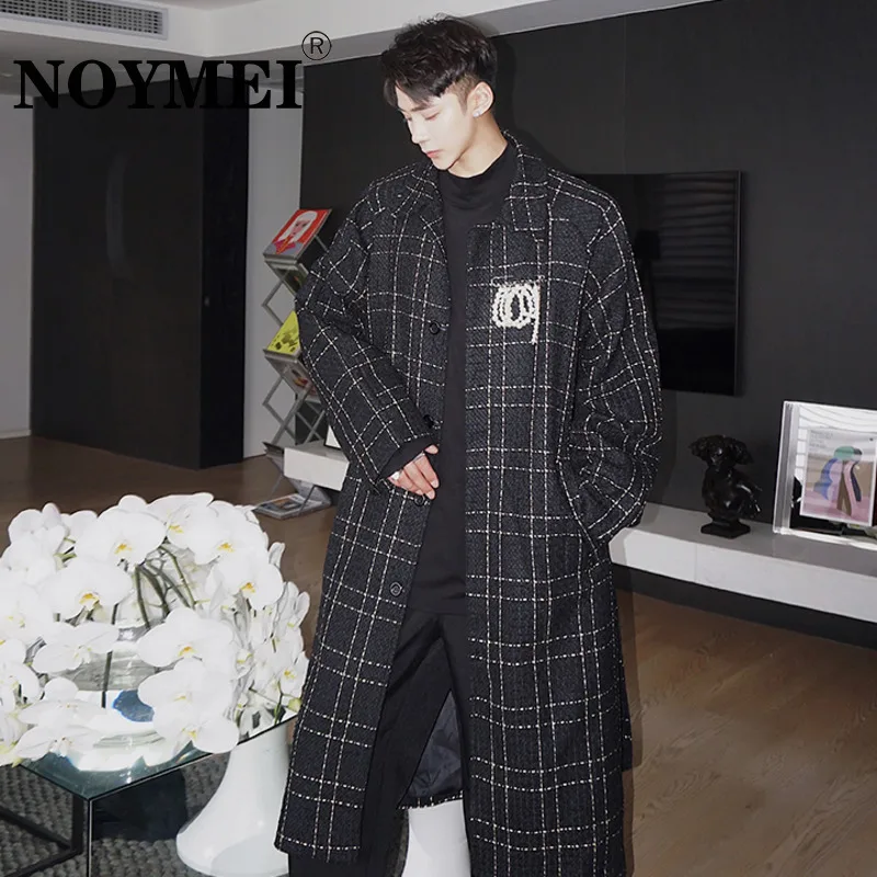 

NOYMEI Fashionable Korean Style Men's Woolen Coat Belt Plaid Long Length All-match All-match Windbreaker Winter Trench WA2593