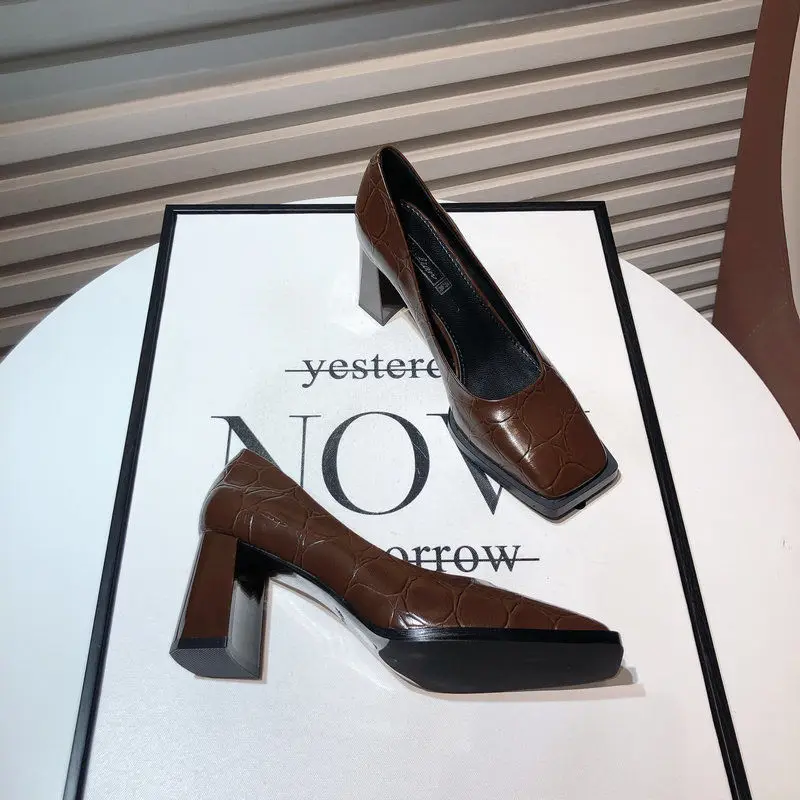 

Туфли-лодочки женские с квадратным носком, высокий каблук, квадратный каблук, высокий каблук, модная классическая обувь, коричневые, 2023