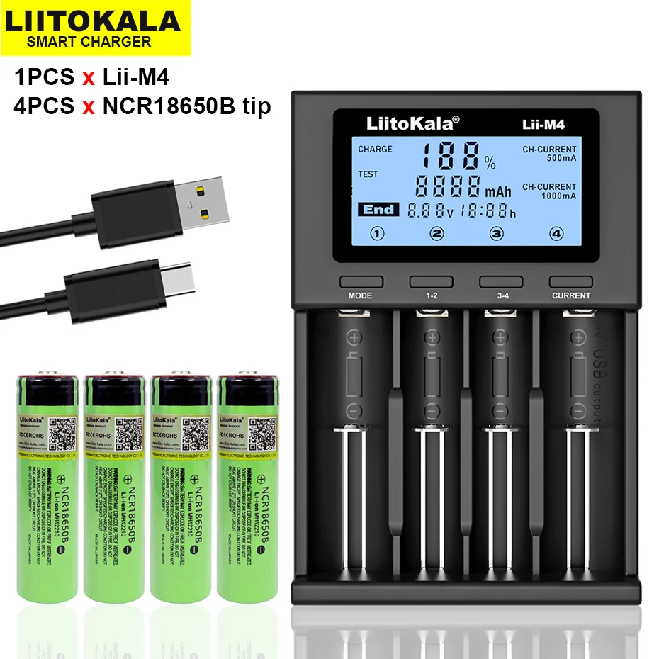 

4 pces liitokala original ncr18650b 3.7v 3400mah 18650 bateria de lítio recarregável adequado para lanterna + Lii-M4 carregador