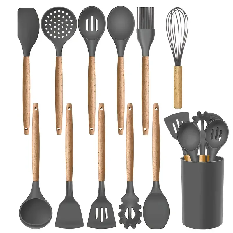 

HMTX 12Pcs Silicone Cooking Utensils Set With Holder, Wooden Handles Cooking Tools, BPA Free Turner Tongs Spatula Spoon, Kitchen