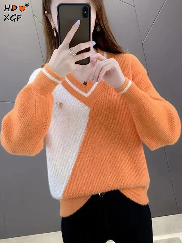 Korean V-neck Lantern Sleeve Contrast Color Patchwork Solid Color Knitted Sweater Tops Autumn Winter Women Loose Casual Sweaters
Korean V-neck Lantern Sleeve Contrast Color Patchwork Solid Color Knitted Sweater Tops Autumn Winter Women Loose Casual Sweaters
