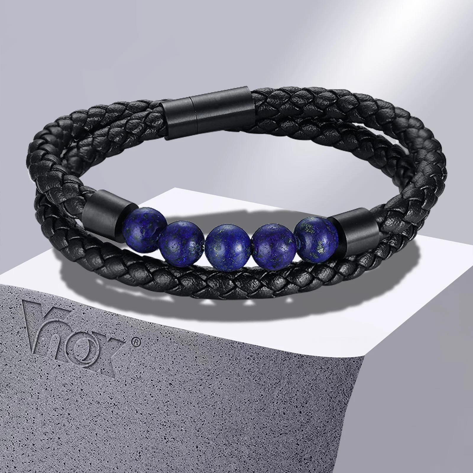 

Vnox Layered Leather Bracelets for Men, Braided Black Leather Bangle with Blue Natural Beads, Casual Male Layering Wristband