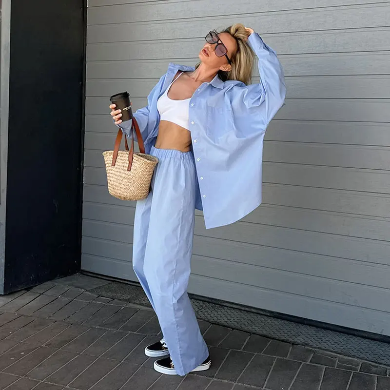 Casual Solid Shirt Pants Two Piece Set for Women Leisure Blue Long Sleeve Outfits Single-breasted Wide Leg Pants Ladies Suit
Casual Solid Shirt Pants Two Piece Set for Women Leisure Blue Long Sleeve Outfits Single-breasted Wide Leg Pants Ladies Suit