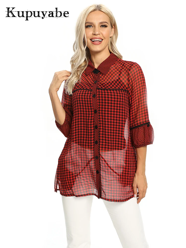 KUPUYABE Women's Shirt Polyester Chiffon Shirt Plaid Lapel 3/4 Sleeve Casual Button Top
KUPUYABE Women's Shirt Polyester Chiffon Shirt Plaid Lapel 3/4 Sleeve Casual Button Top