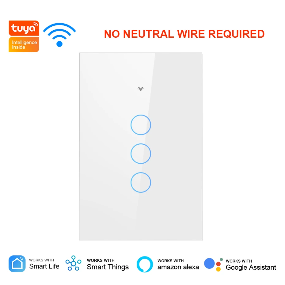 Tuya Wifi Smart Touch Switch No Neutral Wire Required 1/2/3 Gang Smart Light Wall Switch Support Alexa Google Home 433RF Remote
Tuya Wifi Smart Touch Switch No Neutral Wire Required 1/2/3 Gang Smart Light Wall Switch Support Alexa Google Home 433RF Remote