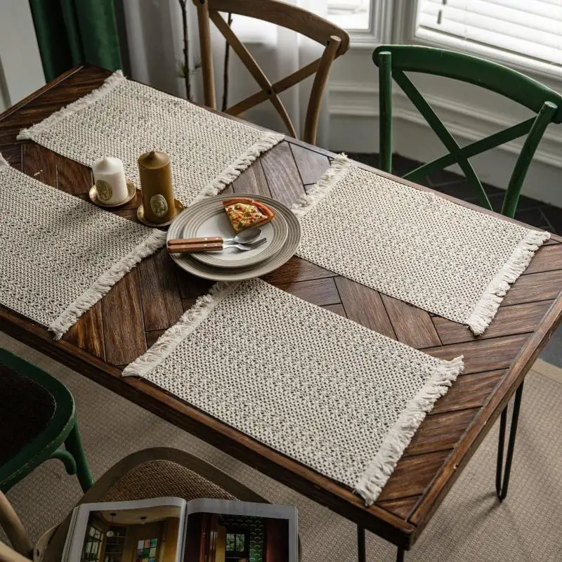 1pc 30*50cm Cotton Placemats Woven Knitted Striped Tassel Bowl Mat Table Placemats Wedding Party Christmas Table Decoration 
1pc 30*50cm Cotton Placemats Woven Knitted Striped Tassel Bowl Mat Table Placemats Wedding Party Christmas Table Decoration