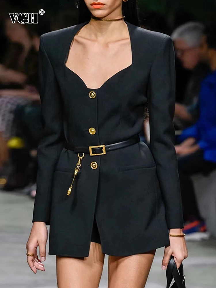 

VGH Black Mini Blazer Dress For Women Asymmetrical Collar Long Sleeve High Waist Sashes Dresses Female Fashion New Spring 2022