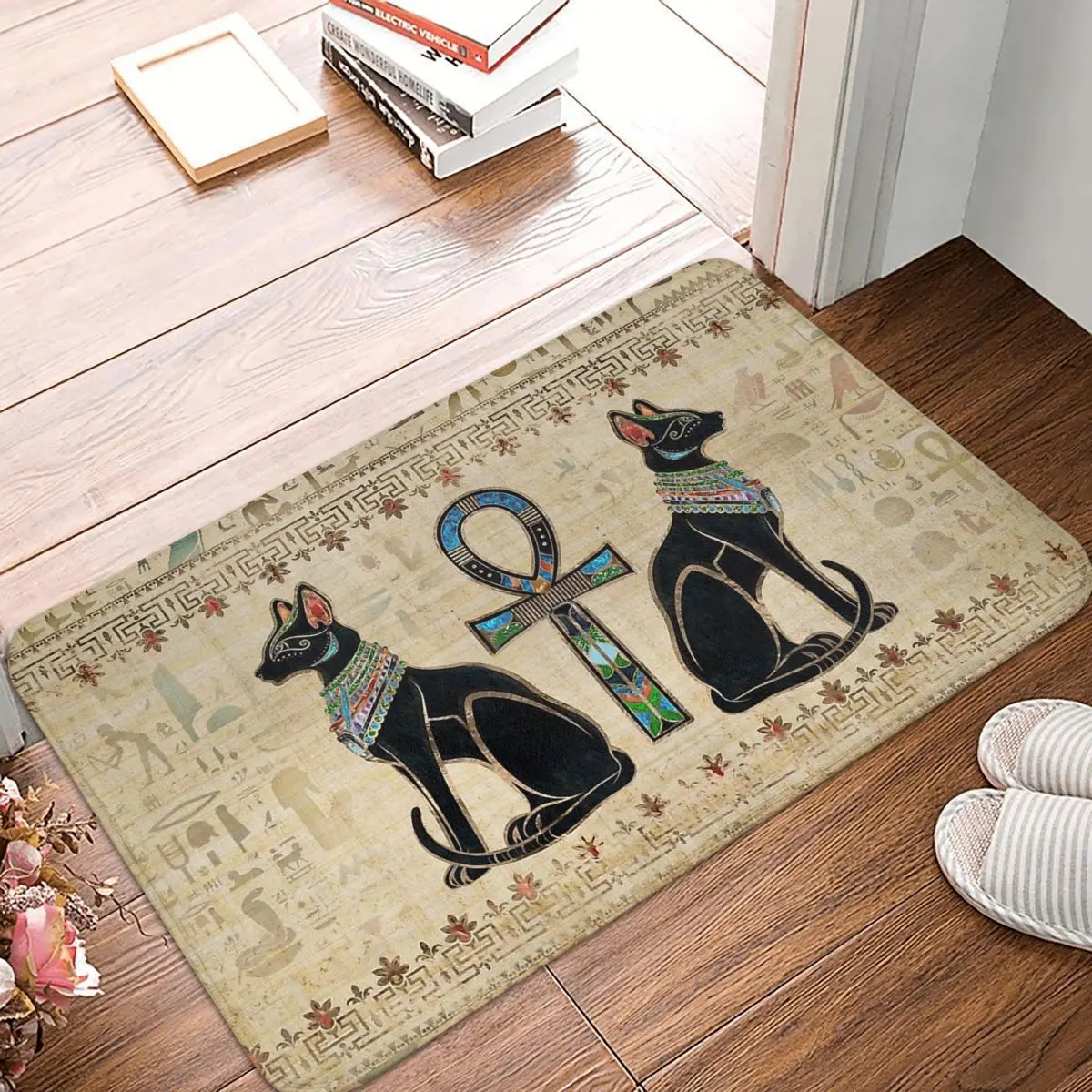 

Ancient Egypt Egyptian Anti-Slip Doormat Bath Mat Cats And Ankh Cross Balcony Carpet Entrance Door Rug Indoor Decorative