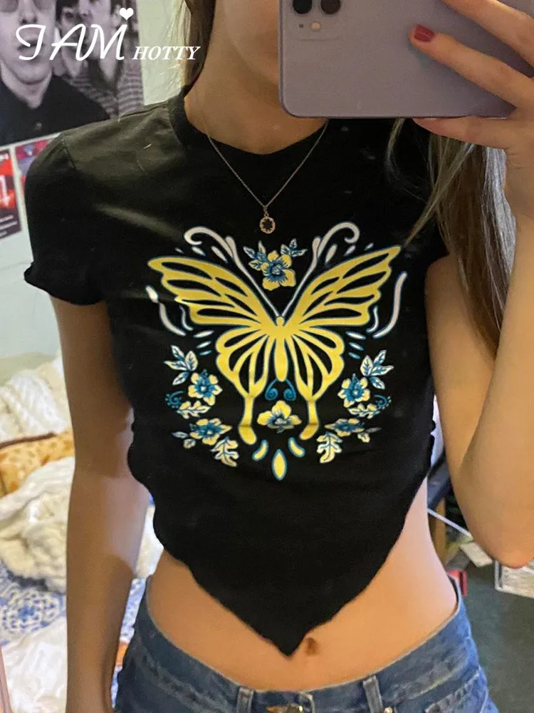 IAMHOTTY Butterfly Print Asymmetrical Crop Top Black Short Sleeve T-shirt Fairycore Grunge Clothes Vintage Y2K Tops Graphic Tee
IAMHOTTY Butterfly Print Asymmetrical Crop Top Black Short Sleeve T-shirt Fairycore Grunge Clothes Vintage Y2K Tops Graphic Tee
