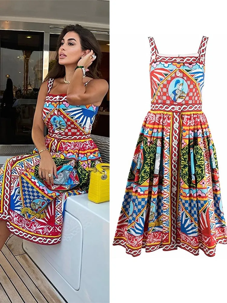 RDMQ Printed Holiday Mid Dress Women Single Breasted Sleeveless Spaghetti Strap A-line Dresses Female High Waist Backless Robe
RDMQ Printed Holiday Mid Dress Women Single Breasted Sleeveless Spaghetti Strap A-line Dresses Female High Waist Backless Robe