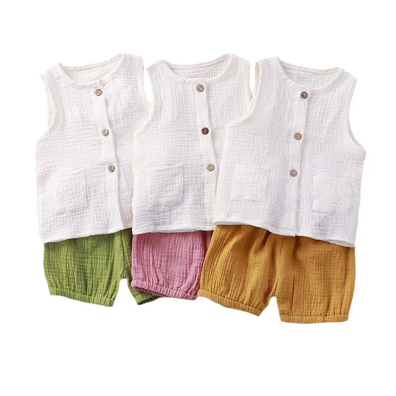 Boys Girls Summer Suits Baby Muslin Cotton Clothes Sleeveless Vest Shorts Open chest Shirt Outfits Top+Pants Sets 2pcs 0-6T
Boys Girls Summer Suits Baby Muslin Cotton Clothes Sleeveless Vest Shorts Open chest Shirt Outfits Top+Pants Sets 2pcs 0-6T