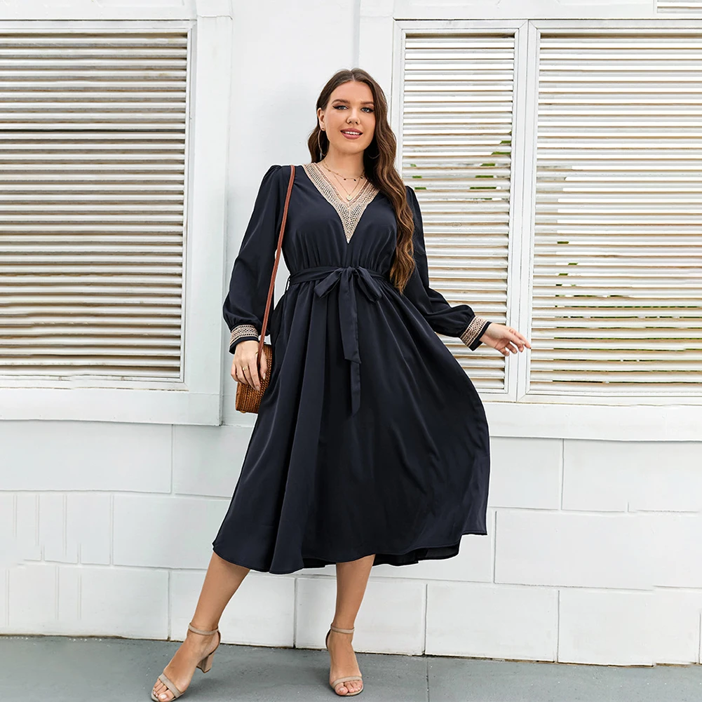 2022 New Spring And Summer Fashion Plus Size Women Dark Blue Lace V Neck Bishop Sleeve Belted Long Sleeve Casual Dress XL-4XL
2022 New Spring And Summer Fashion Plus Size Women Dark Blue Lace V Neck Bishop Sleeve Belted Long Sleeve Casual Dress XL-4XL