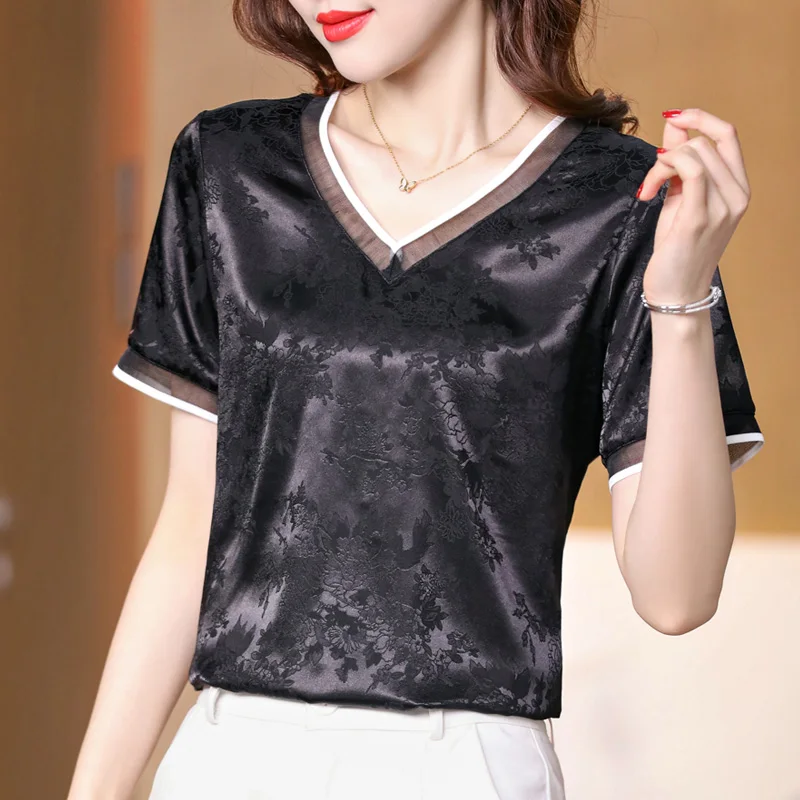 Satin Women's Shirt Chiffon Blouses for Women Printed Floral Short Sleeve Top V-neck Patchwork Clothing Female 2022 Basic Shirts
Satin Women's Shirt Chiffon Blouses for Women Printed Floral Short Sleeve Top V-neck Patchwork Clothing Female 2022 Basic Shirts