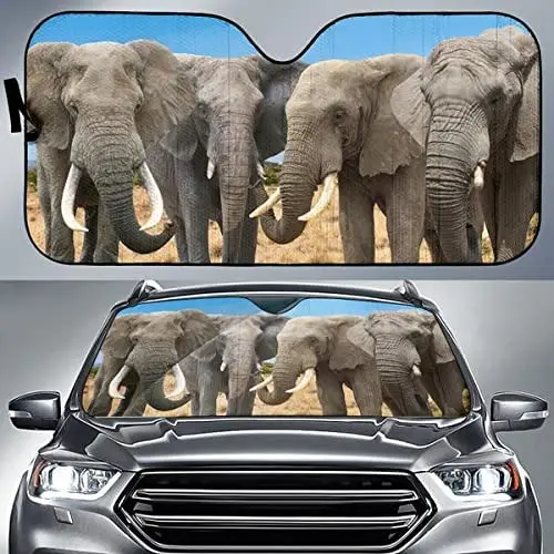 

Elephants Standing in The Field Blue Pattern Animal Lover Car Sunshade, Meaning Gift for Elephant Lover, Car Windshield Durable