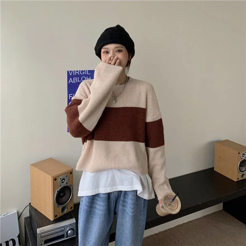 Sweater Female Spring Autumn New Round Neck Stitching Contrast Color Pullover Loose Fashion Knitted Short Top Women's Clothing
Sweater Female Spring Autumn New Round Neck Stitching Contrast Color Pullover Loose Fashion Knitted Short Top Women's Clothing