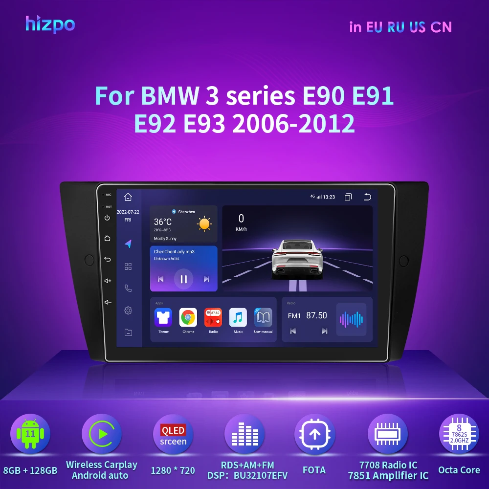 

Autoradio for BMW E90 E91 E92 E93 2006-2012 7" GPS Navi Android 12 8+128G Car Radio Player EQ DSP RDS DAB+ OBD2 SWC Stereo