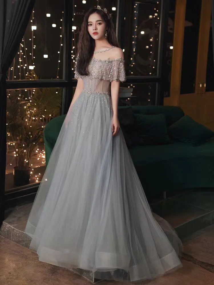 

Gorgeous Grey Blue Evening Dresses A-line Elegant Shiny Sequin Beading Princess Long Prom Party Banquet Gown Robes De Soiree New