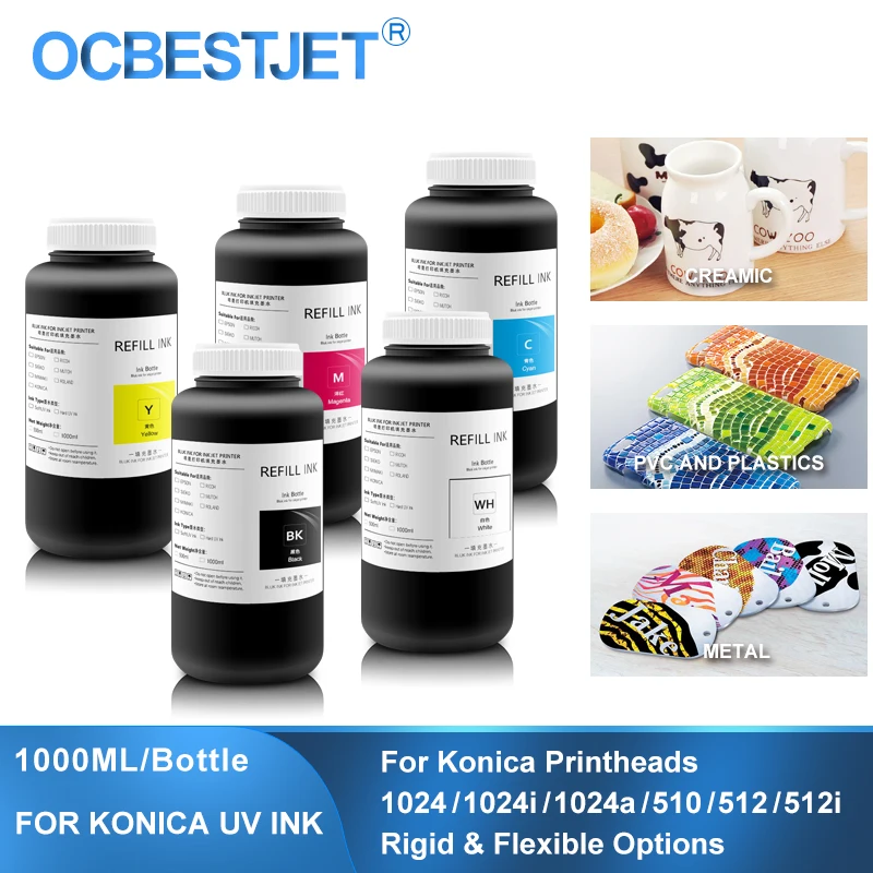 

5×1000ML LED Curable UV Ink For Konica Minolta KM1024i 1024 1024i 1024a 510 512 512i KM1800i Printhead Rigid & Flexible Ink
